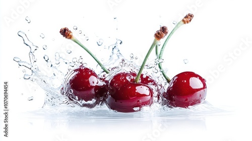 Three ripe cherries splashing into water, isolated on white background.