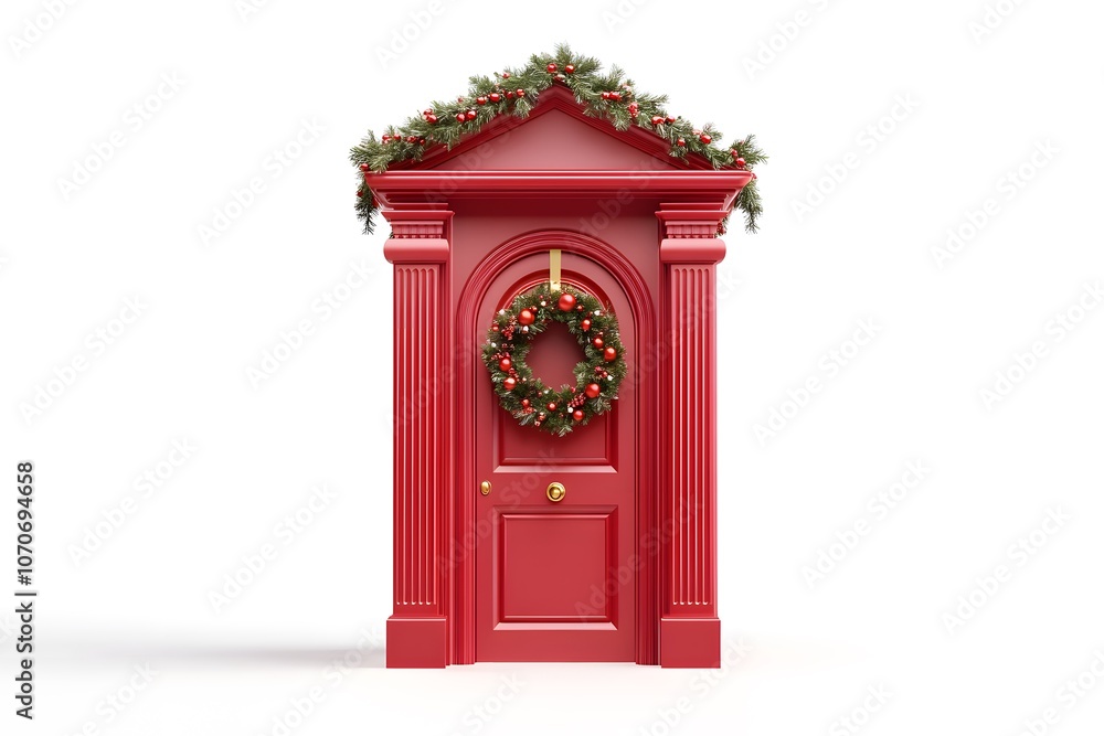 Festive red door adorned with a Christmas wreath. Festive red door adorned with a Christmas wreath.