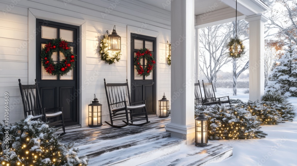 Fototapeta premium Snowy Front Porch with Christmas Decorations and Lanterns
