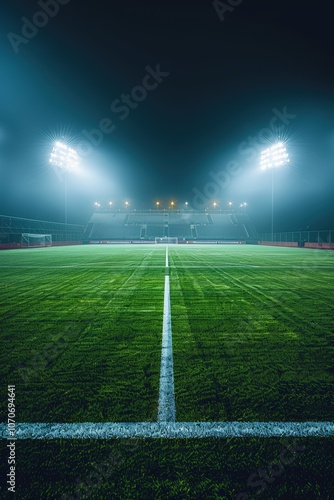 A nighttime view of an empty soccer field with bright lights illuminating the field.