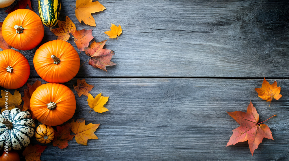 pumpkin and autumn leaves on wooden backghound with copy space for text pumpkin and autumn leaves on wooden backghound with copy space for text