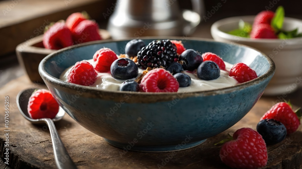 A bowl of yogurt topped with fresh berries, showcasing a healthy breakfast option. A bowl of yogurt topped with fresh berries, showcasing a healthy breakfast option.