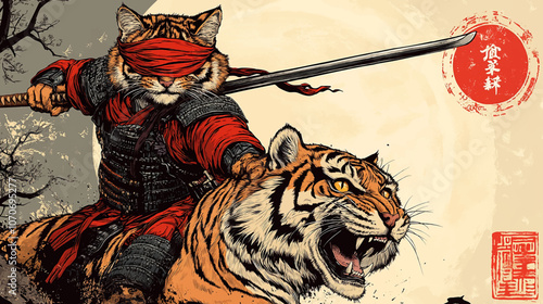 Dynamic and adventurous scene where a fierce tabby cat, dressed as a samurai, is riding atop a roaring tiger and cat. design blends humor, action, and Japanese culture background vector illustration.