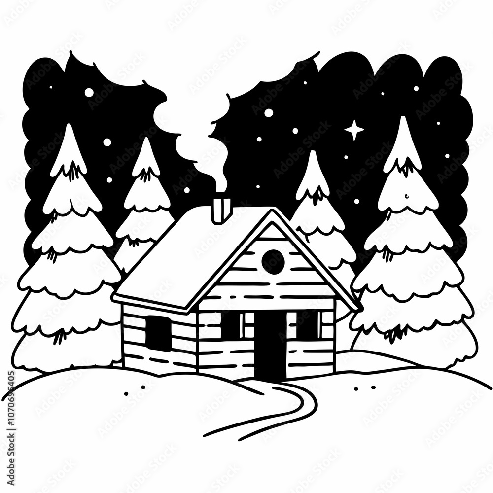 Fototapeta premium Cozy cabin with smoke rising from chimney in snow