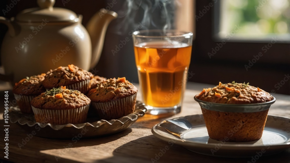 A cozy scene featuring muffins and tea, perfect for a relaxing moment. A cozy scene featuring muffins and tea, perfect for a relaxing moment.