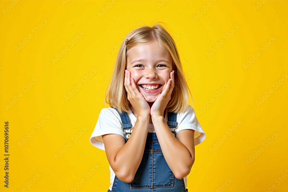 Delightful Young Girl with a Radiant Smile and Playful Pose on a Vibrant Yellow Background for a Happy Childhood Portrait Delightful Young Girl with a Radiant Smile and Playful Pose on a Vibrant Yellow Background for a Happy Childhood Portrait