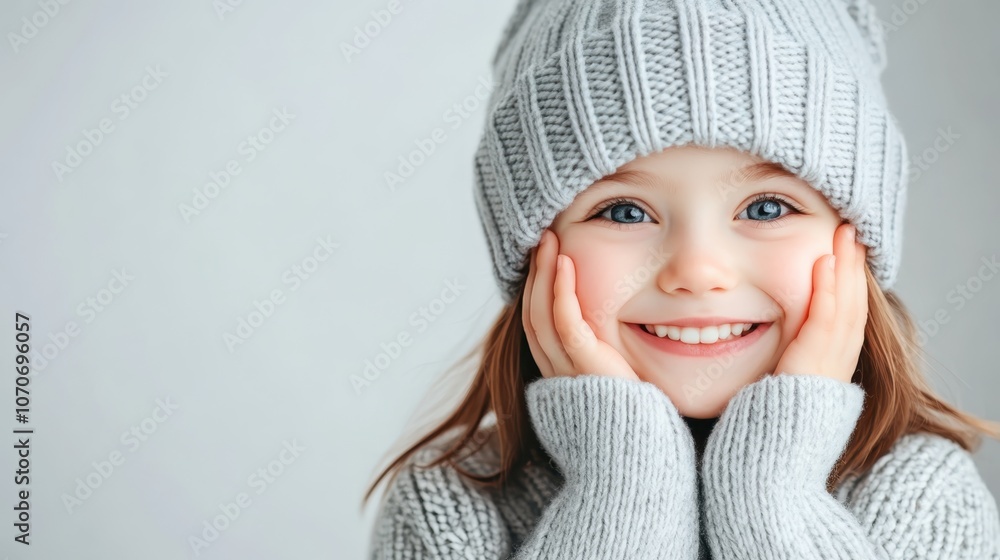 Winter Wonderland Smile: A charming portrait of a little girl, beaming radiantly while wearing a cozy knitted hat and sweater. Her bright eyes and infectious smile capture the essence of winter joy. Winter Wonderland Smile: A charming portrait of a little girl, beaming radiantly while wearing a cozy knitted hat and sweater. Her bright eyes and infectious smile capture the essence of winter joy.