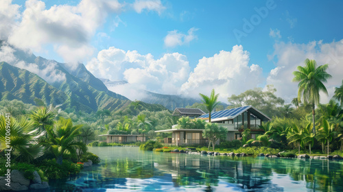 A beautiful house is surrounded by a lush green forest and a calm lake