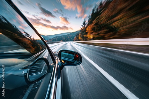 A car speeds along a winding mountain road at sunset, capturing the beauty of nature and motion in the tranquil evening. Generative AI