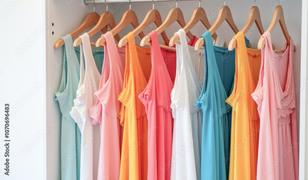 women's multicolored clothes on hangers in the wardrobe, isolated on a white background women's multicolored clothes on hangers in the wardrobe, isolated on a white background