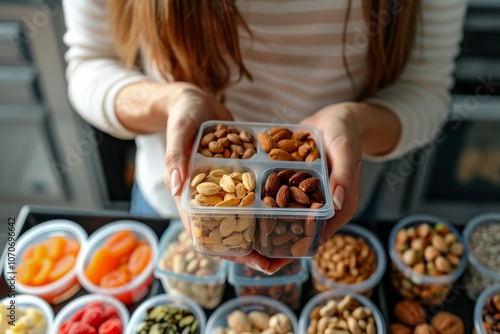 Hands holding nut selection in kitchen with organized containers