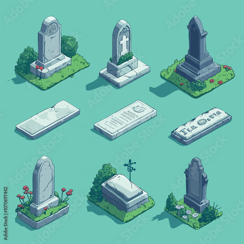 Tombstone grave set collection flat cartoon isolated on background. Vector isometric illustration.