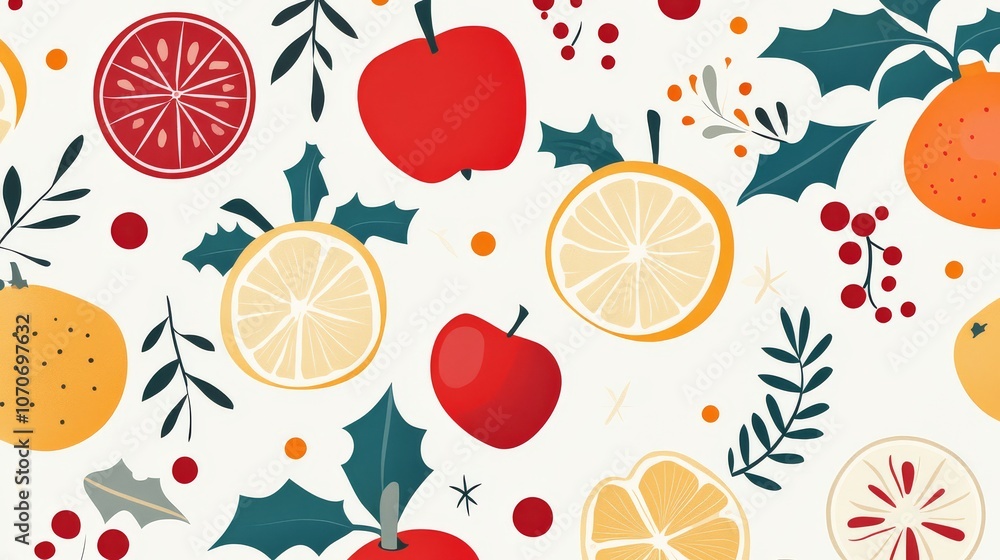 Holiday Fruit Pattern with Apples, Citrus, Holly Leaves, and Berries Holiday Fruit Pattern with Apples, Citrus, Holly Leaves, and Berries