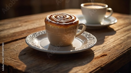 A cozy scene featuring a cinnamon roll atop a coffee cup and a second cup in soft light. photo