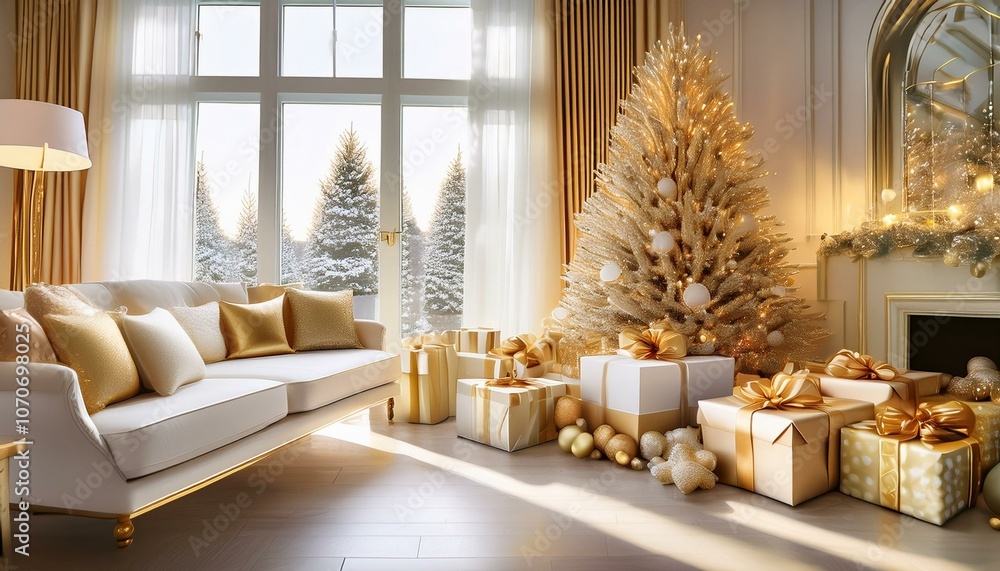 luxurious white and gold christmas presents elegantly arranged in a cozy living room luxurious white and gold christmas presents elegantly arranged in a cozy living room