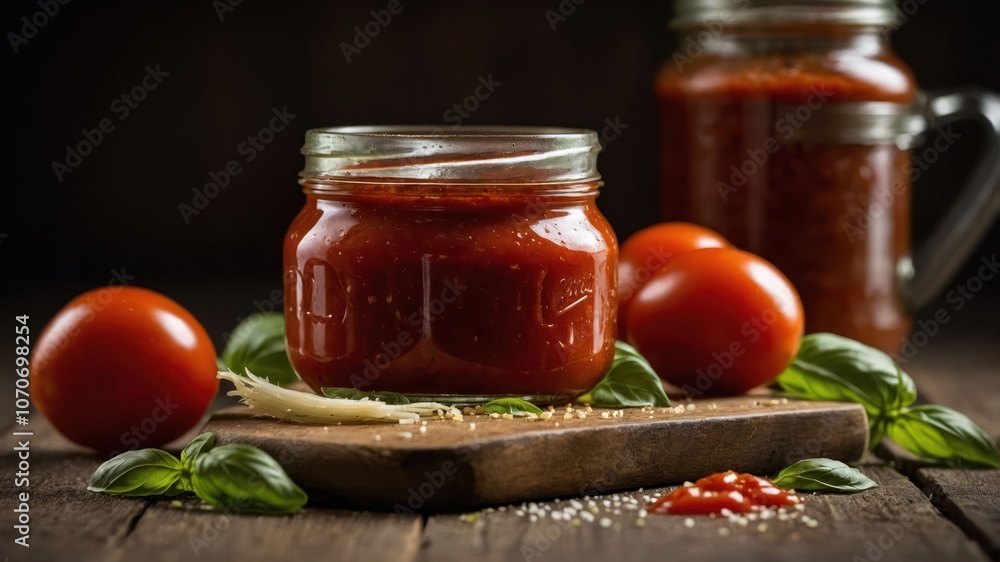 A rustic setting featuring a jar of tomato sauce, fresh tomatoes, and basil leaves. A rustic setting featuring a jar of tomato sauce, fresh tomatoes, and basil leaves.