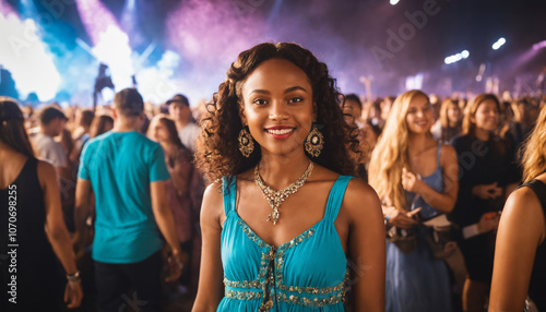 A vibrant and radiant young woman, dressed for music event photo