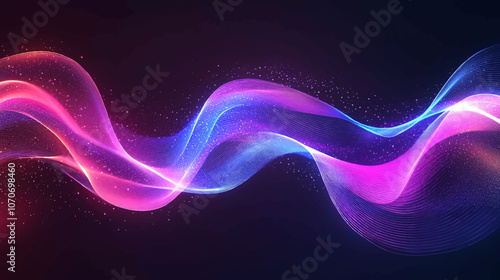 Vector abstract light lines wavy flowing dynamic in light blue, pink, purple colors isolated on black background for concept of AI technology, digital, communication, 5G, science, music illustration.