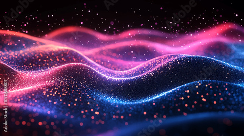 Vector abstract light lines wavy flowing dynamic in light blue, pink, purple colors isolated on black background for concept of AI technology, digital, communication, 5G, science, music illustration.