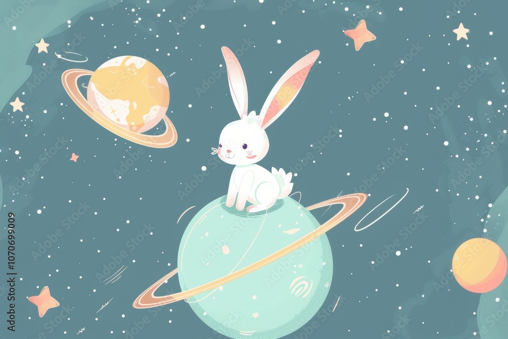 Cute bunny in space with planets and stars Cute bunny in space with planets and stars