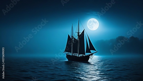 a medieval sailboat sailing on the sea foggy nights bright moonlight eerie atmosphere  photo