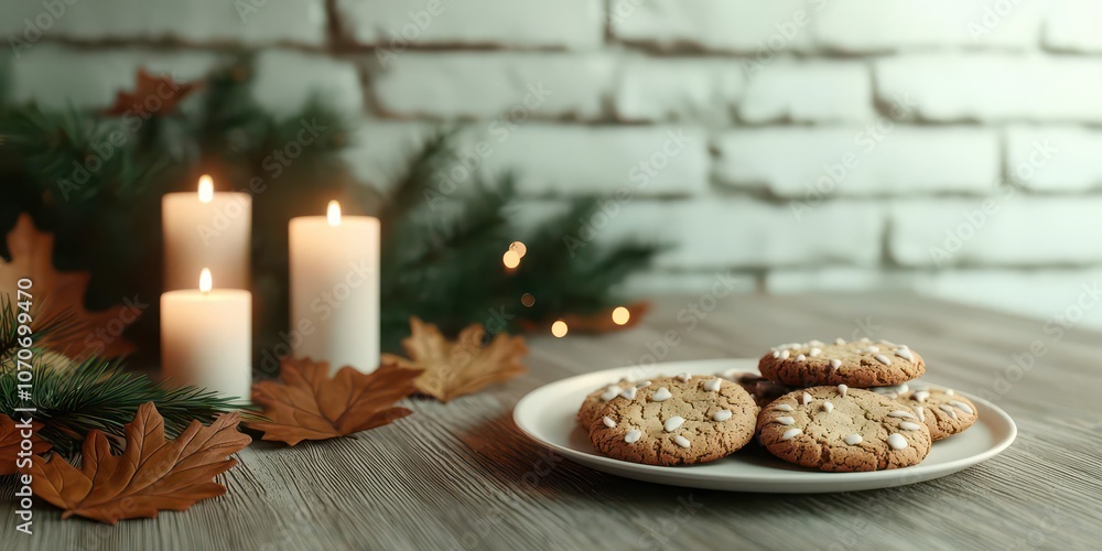 Cookies on a plate with candles and autumn leaves, cozy atmosphere. Cookies on a plate with candles and autumn leaves, cozy atmosphere.