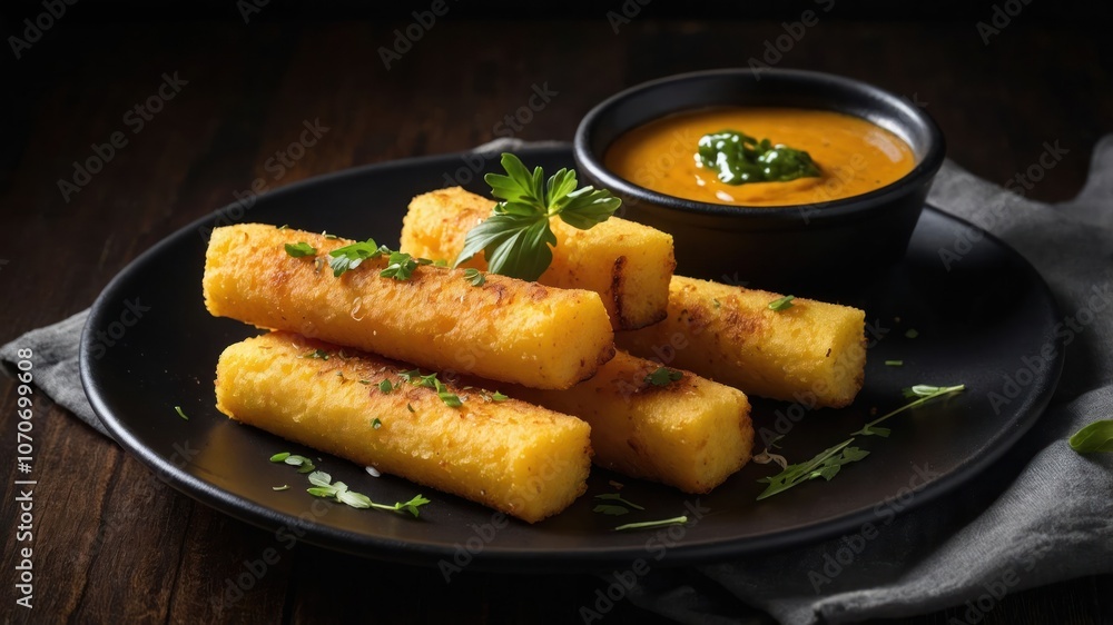 Fried golden sticks served with a spicy dipping sauce on a black plate. Fried golden sticks served with a spicy dipping sauce on a black plate.