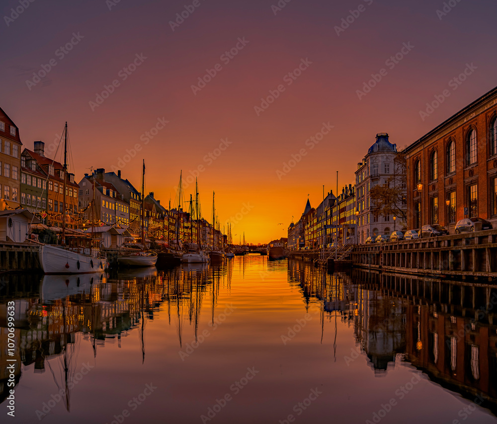 Sunrise over Nyhavn Canal in Copenhagen in the blue hour