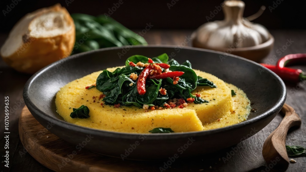 A plate of polenta topped with spinach, chili, and garlic, showcasing a delicious meal. A plate of polenta topped with spinach, chili, and garlic, showcasing a delicious meal.