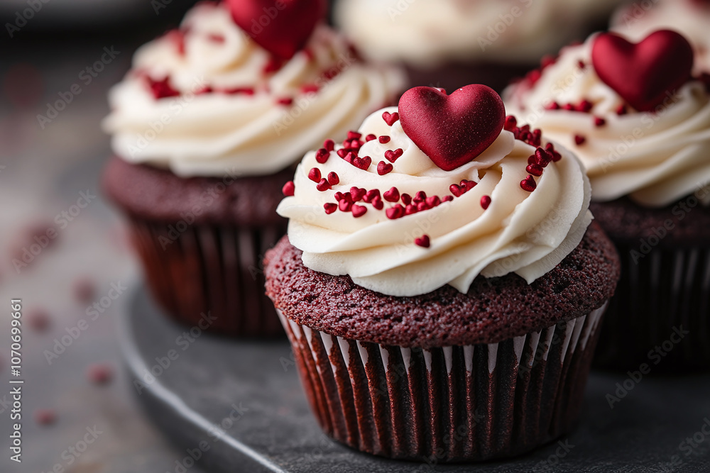 red velvet cupcakes topped with heart sprinkles. red velvet cupcakes topped with heart sprinkles.