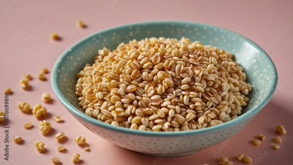 A bowl filled with golden grains, showcasing a healthy food option on a pink background. A bowl filled with golden grains, showcasing a healthy food option on a pink background.