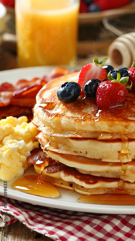 Hearty breakfast with buttermilk pancakes, bacon, scrambled eggs, fresh fruit, and honey Hearty breakfast with buttermilk pancakes, bacon, scrambled eggs, fresh fruit, and honey