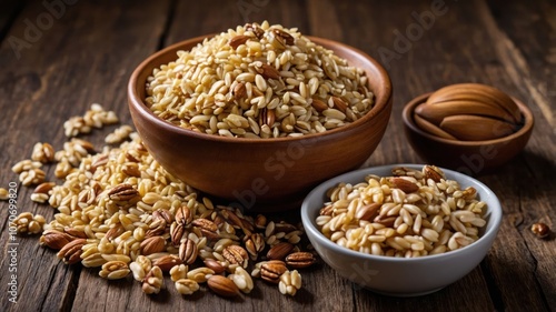 A rustic display of various grains and nuts in bowls on a wooden surface.