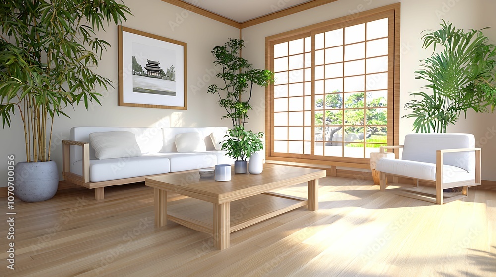Fototapeta premium A bright, modern living room featuring wooden accents, large windows, plants, and minimalist furniture creating a serene atmosphere.