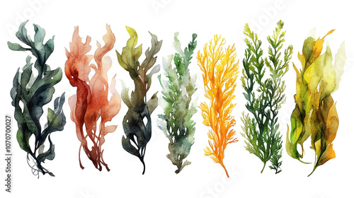 Set of Watercolor seaweed collection isolated on white background illustration.
