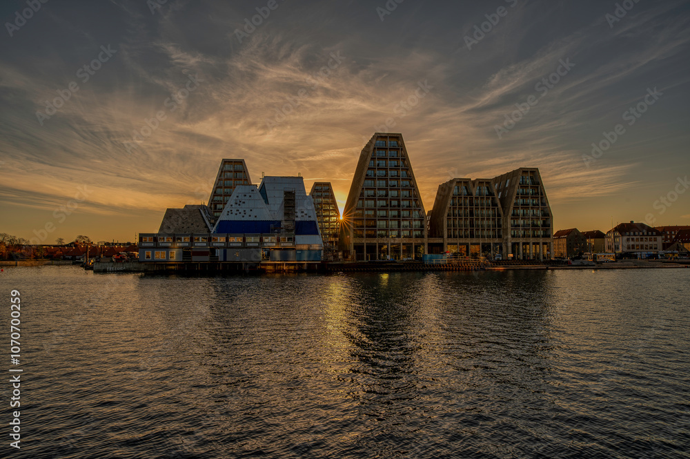 Papiroen in Copenhagen and modern houses in the sunrise