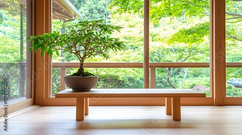 Interior design bamboo furniture. A serene indoor space featuring a bonsai tree on a wooden table  surrounded by large windows showcasing lush greenery outside.