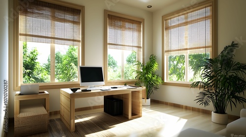 A modern  bright home office featuring a wooden desk  computer  and plants  surrounded by large windows with natural light.