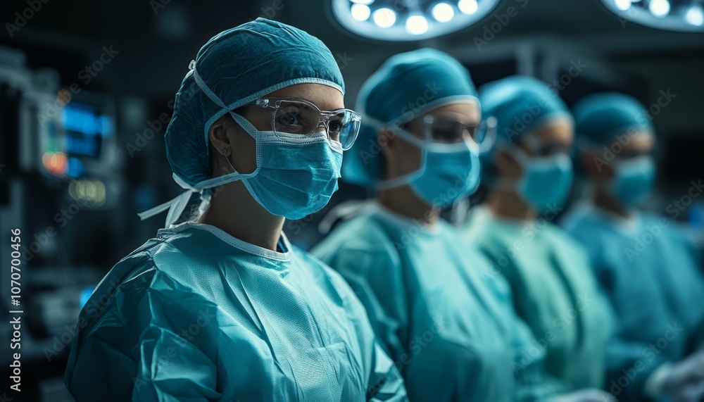 Healthcare professionals in surgical attire preparing for an operation in a hospital setting Healthcare professionals in surgical attire preparing for an operation in a hospital setting