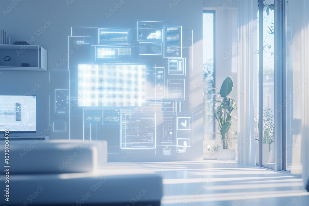 High-Tech Smart Home at Night with Glowing AI Control Panels, Wireframe Neon Connections, Aerial View of Connected Devices & Futuristic Gadgets High-Tech Smart Home at Night with Glowing AI Control Panels, Wireframe Neon Connections, Aerial View of Connected Devices & Futuristic Gadgets