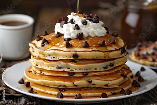 Chocolate chip pancakes with whipped cream and extra chocolate chips on white plate