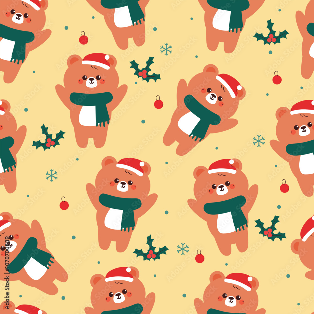 Obraz premium seamless pattern cartoon bear with christmas and winter stuff. cute christmas and winter wallpaper for fabric print, gift wrap paper