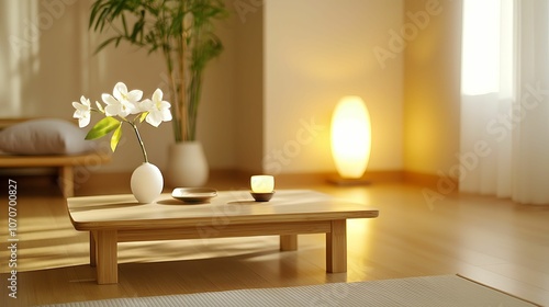 Interior design bamboo furniture. A serene  modern living space featuring a minimalist wooden table  a vase with flowers  a glowing lamp  and soft natural lighting for a calming atmosphere.