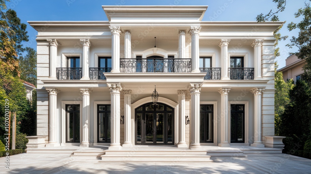 White two-storey house in classic architectural style with many windows and round columns White two-storey house in classic architectural style with many windows and round columns