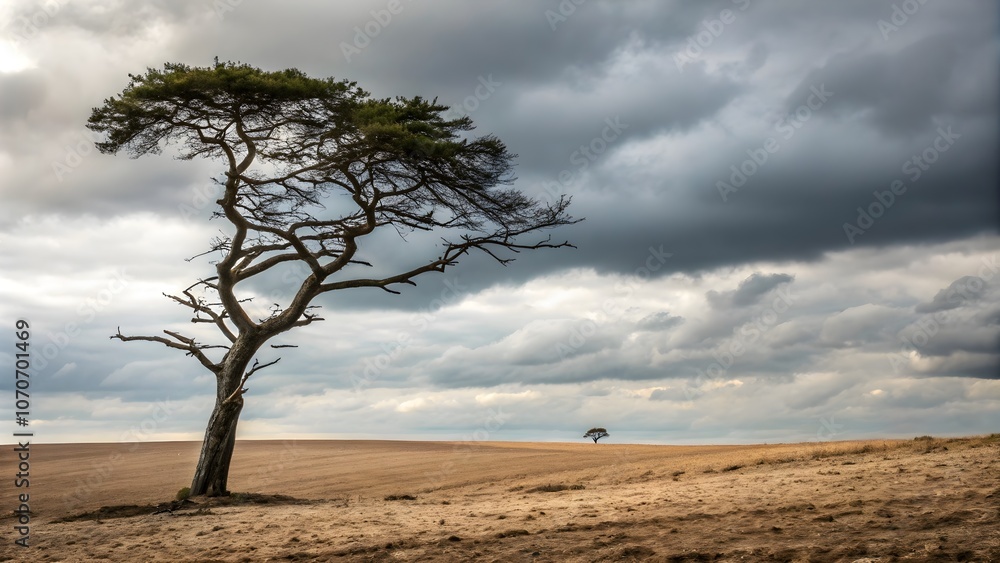 Solitary Tree in Desolate Field, Symbolizing Endurance , Lonely Tree in Empty Field, Representing Strength and Endurance Solitary Tree in Desolate Field, Symbolizing Endurance , Lonely Tree in Empty Field, Representing Strength and Endurance