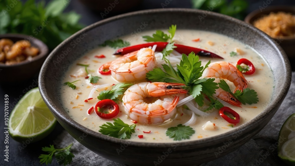 A bowl of shrimp soup garnished with herbs, chili, and lime, showcasing vibrant flavors. A bowl of shrimp soup garnished with herbs, chili, and lime, showcasing vibrant flavors.