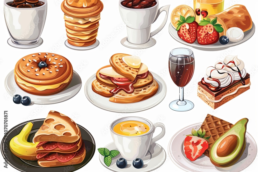 A delightful assortment of breakfast foods showcasing pancakes, fruits, pastries, and beverages on white plates. Generative AI A delightful assortment of breakfast foods showcasing pancakes, fruits, pastries, and beverages on white plates. Generative AI