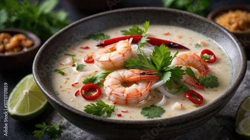 A bowl of shrimp soup garnished with herbs, chili, and lime, showcasing vibrant flavors.