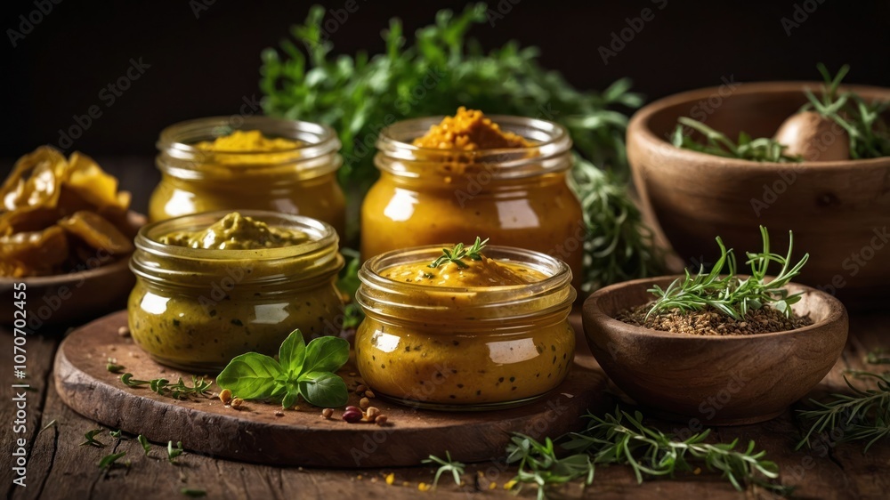 A collection of colorful jars filled with various spices and herbs on a wooden surface. A collection of colorful jars filled with various spices and herbs on a wooden surface.