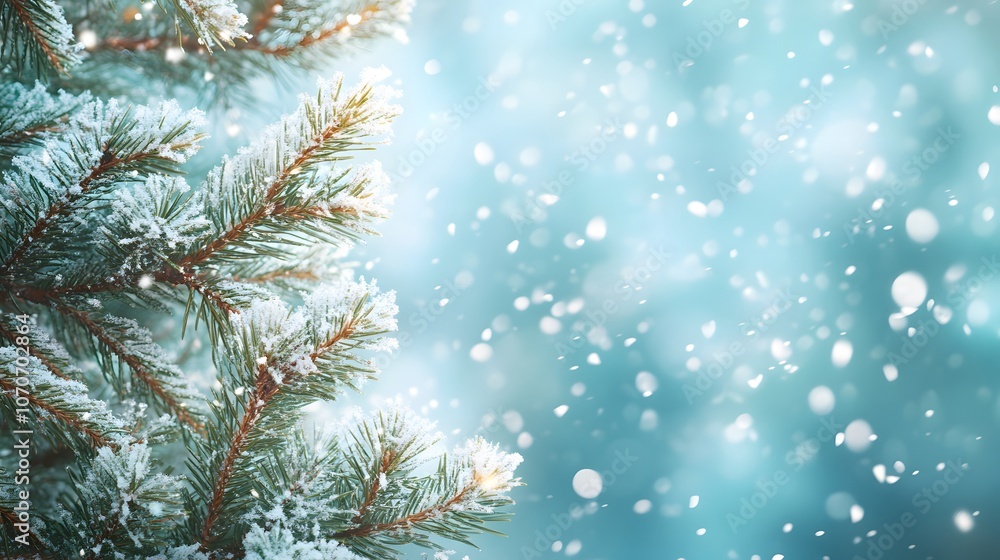 Snow-Covered Pine Branch Against a Blue Sky with Falling Snow Snow-Covered Pine Branch Against a Blue Sky with Falling Snow